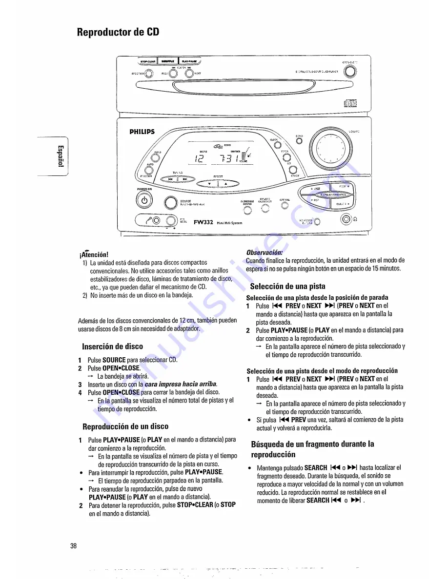 Philips FW 322 (Spanish) Instrucciones De Manejo Download Page 12