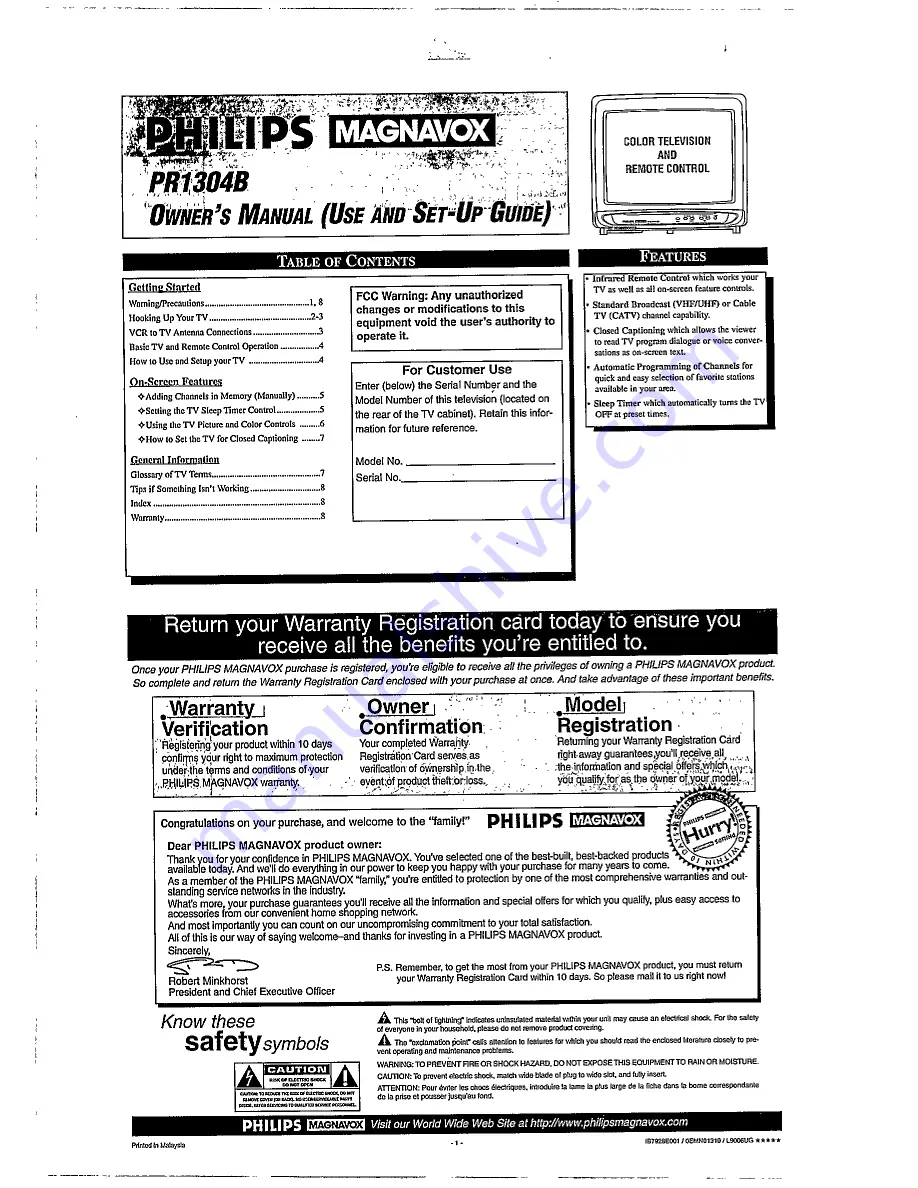 Philips Magnavox PR1304B Owner'S Manual Download Page 1