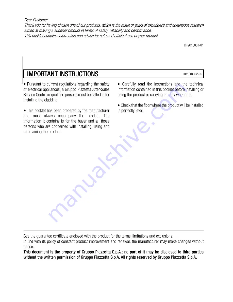 Piazzetta E902 Instructions For Installation, Use And Maintenance Manual Download Page 43