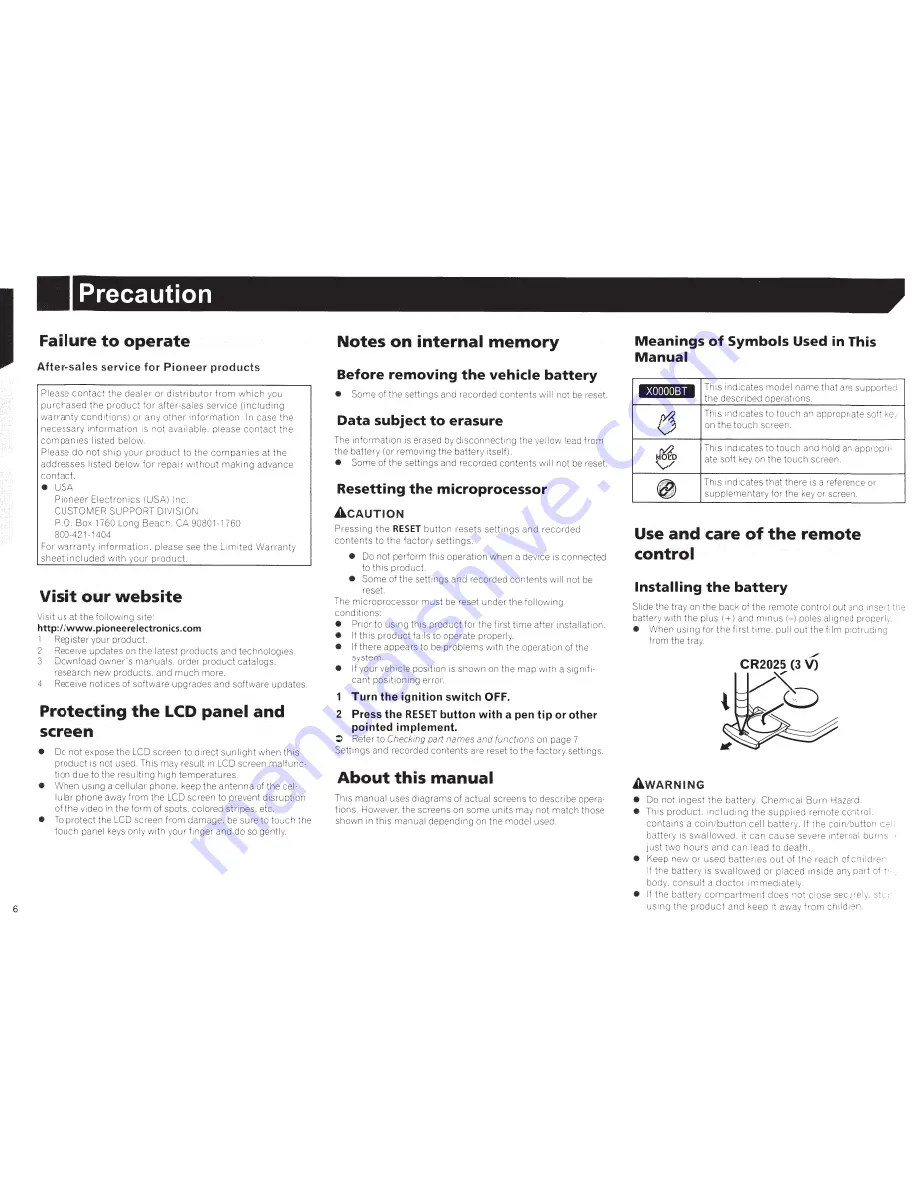 Pioneer AVH-X391 BHS Owner'S Manual Download Page 6