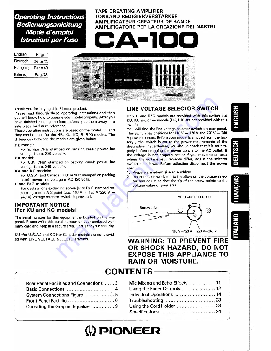 Pioneer CA-100 Operating Instructions Manual Download Page 1