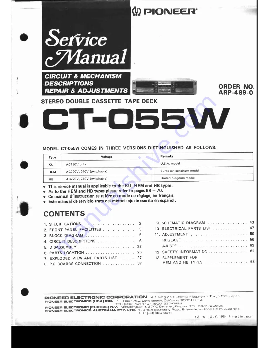 Pioneer CT-055W Service Manual Download Page 1