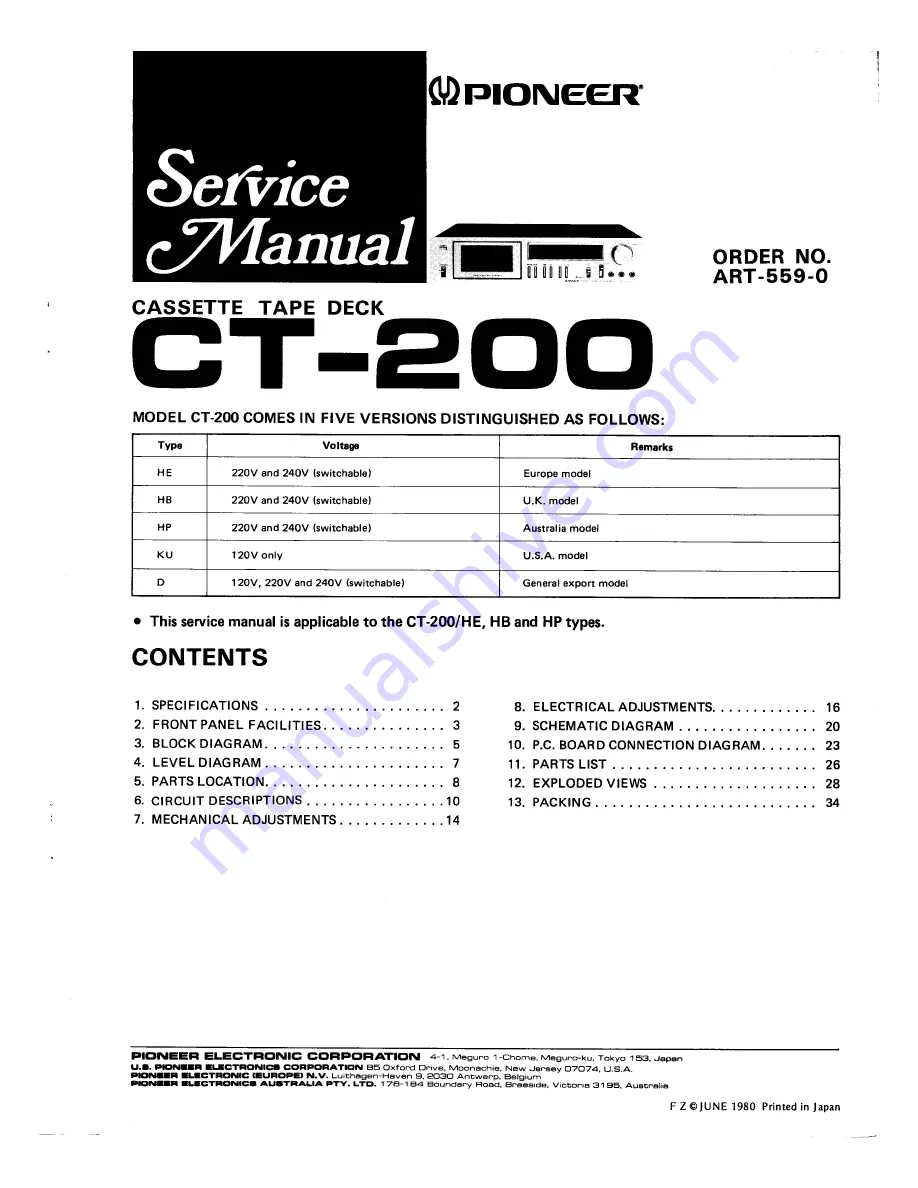 Pioneer CT-200 Service Manual Download Page 1