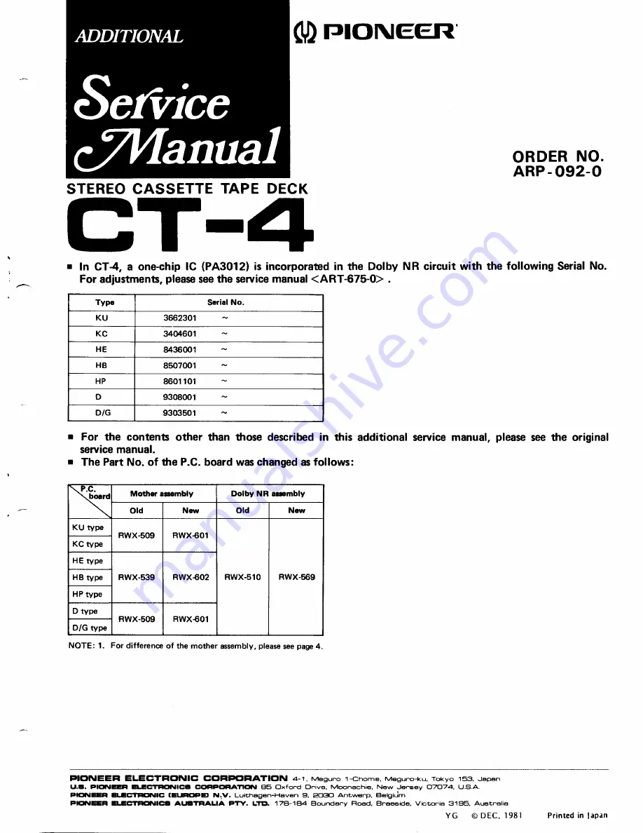 Pioneer CT-4 Service Manual Download Page 1