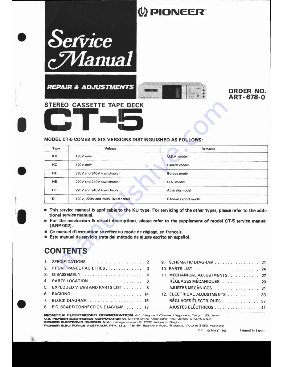 Pioneer CT-5 Service Manual Download Page 1