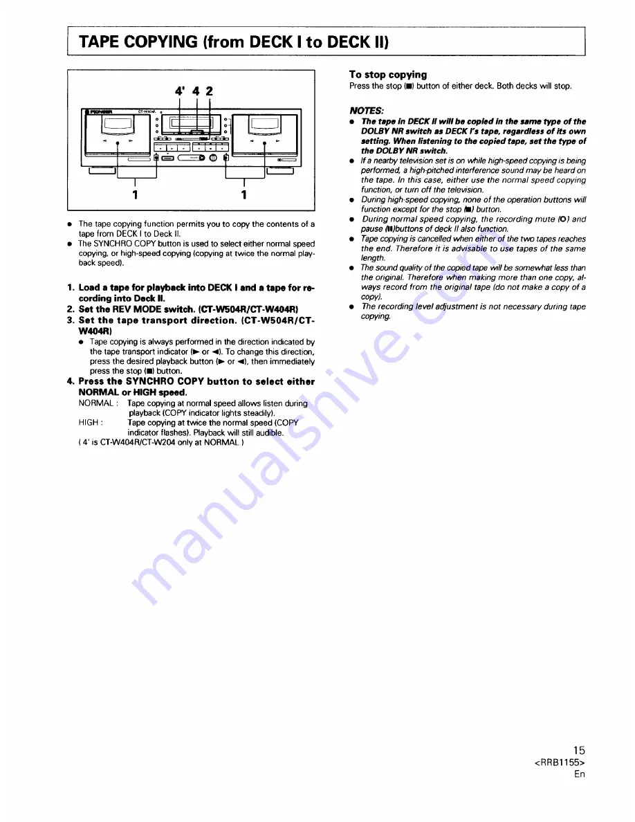 Pioneer CT-W204 Operating Instructions Manual Download Page 15