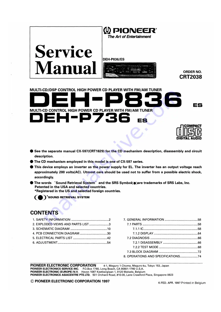 Pioneer deh-p736 Service Manual Download Page 1