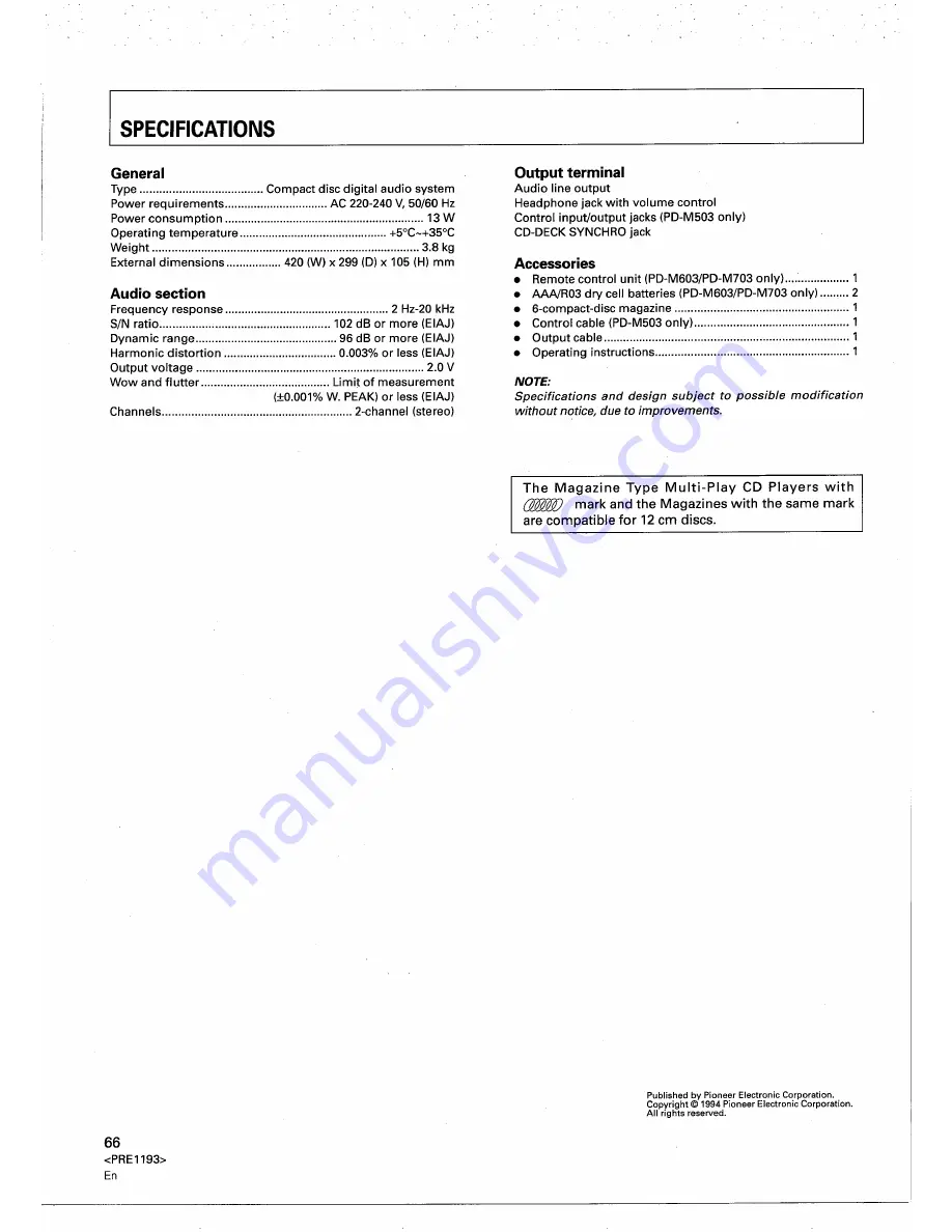 Pioneer PD-M503 Operating Instructions Manual Download Page 66