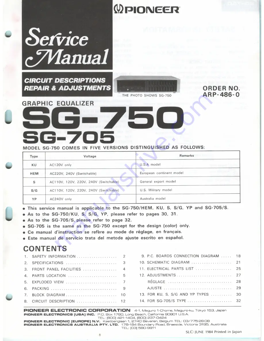 Pioneer SG-705 Service Manual Download Page 1