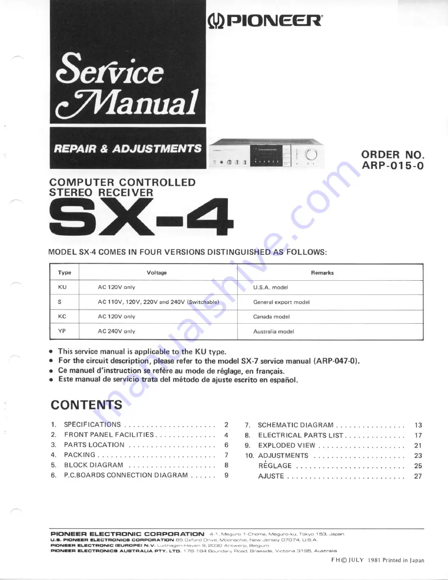 Pioneer SX-4 Service Manual Download Page 1