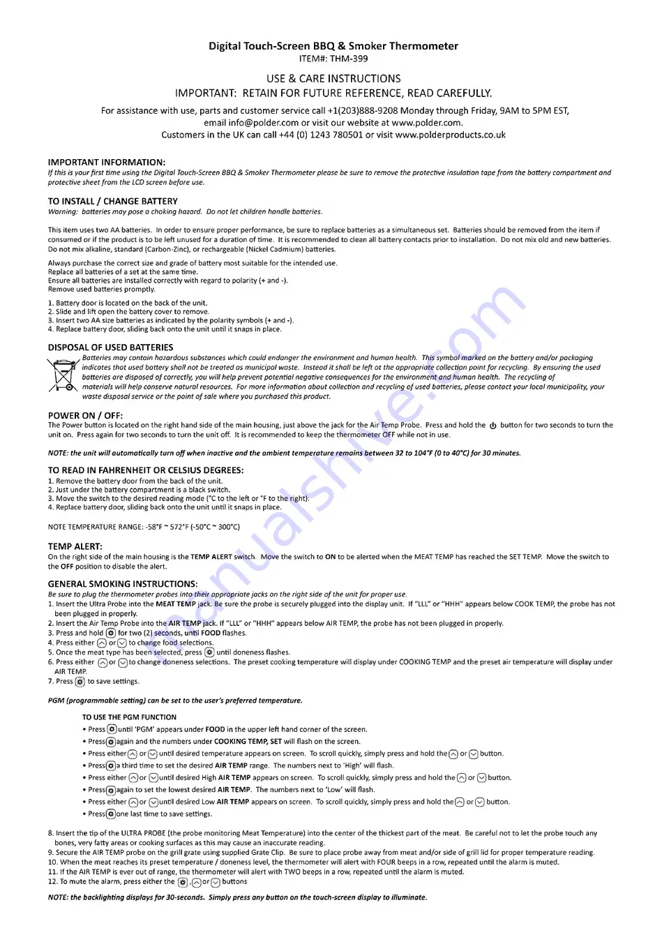 Polder THM-399 Use & Care Instructions Download Page 1