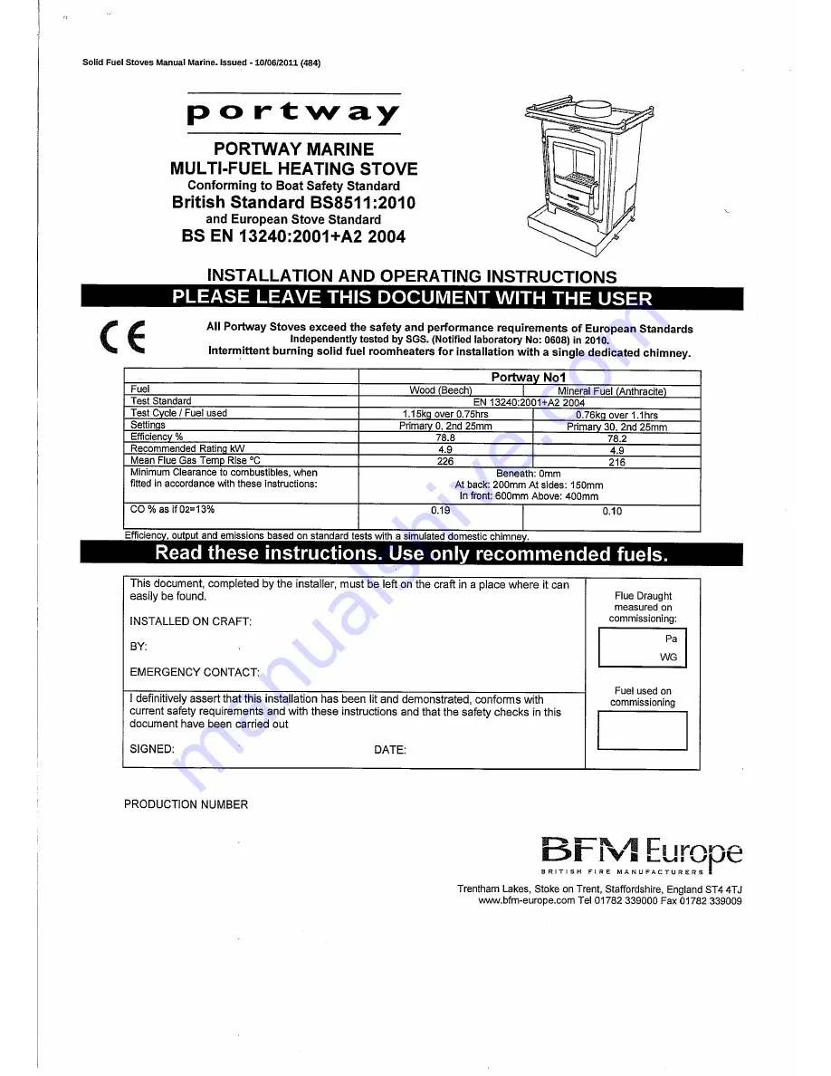 Portway No1 Installation And Operating Instructions Manual Download Page 1