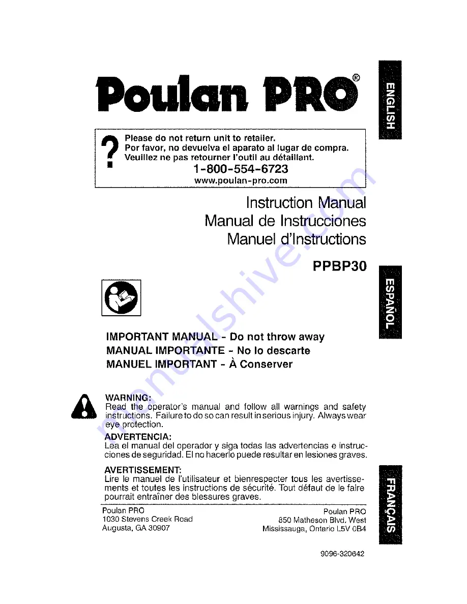 Poulan Pro PPBP30-9096320642 Instruction Manuals Download Page 1