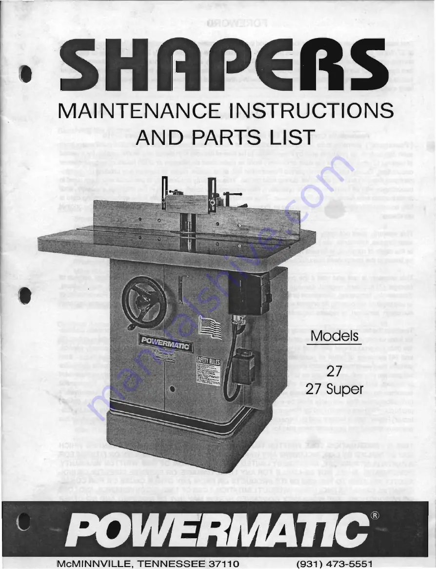 Powermatic 27 Maintenance Instructions And Parts List Download Page 1