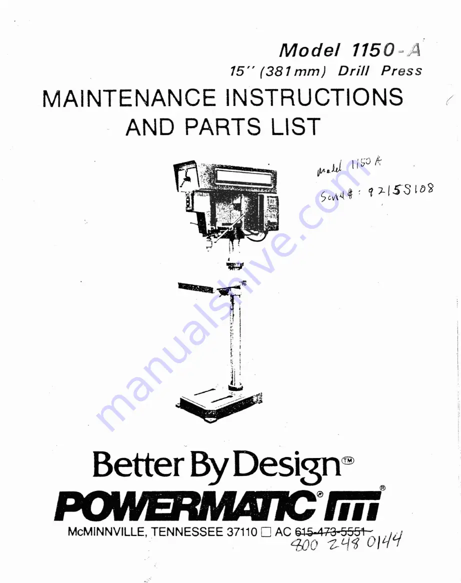 Powermatic Better By Design 1150-A Maintenance Instructions And Parts List Download Page 1