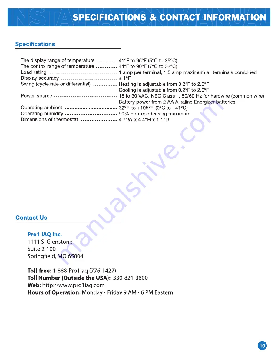 Pro 1 IAQ T701 Installation Manual Download Page 10