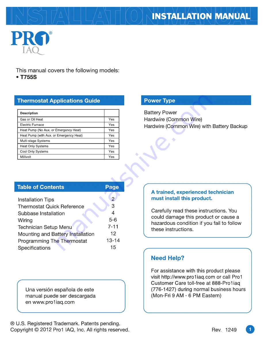 Pro 1 IAQ T755S Скачать руководство пользователя страница 1