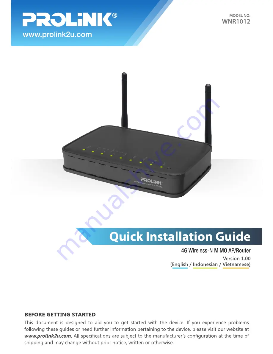 PROLiNK WNR1012 Quick Installation Manual Download Page 1