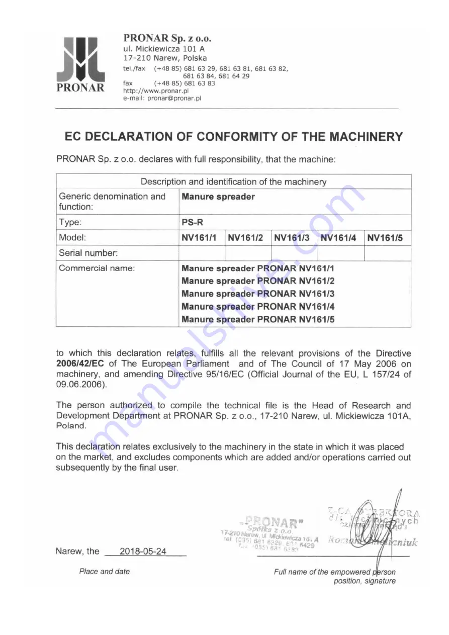 PRONAR NV161/1 Operator'S Manual Download Page 7