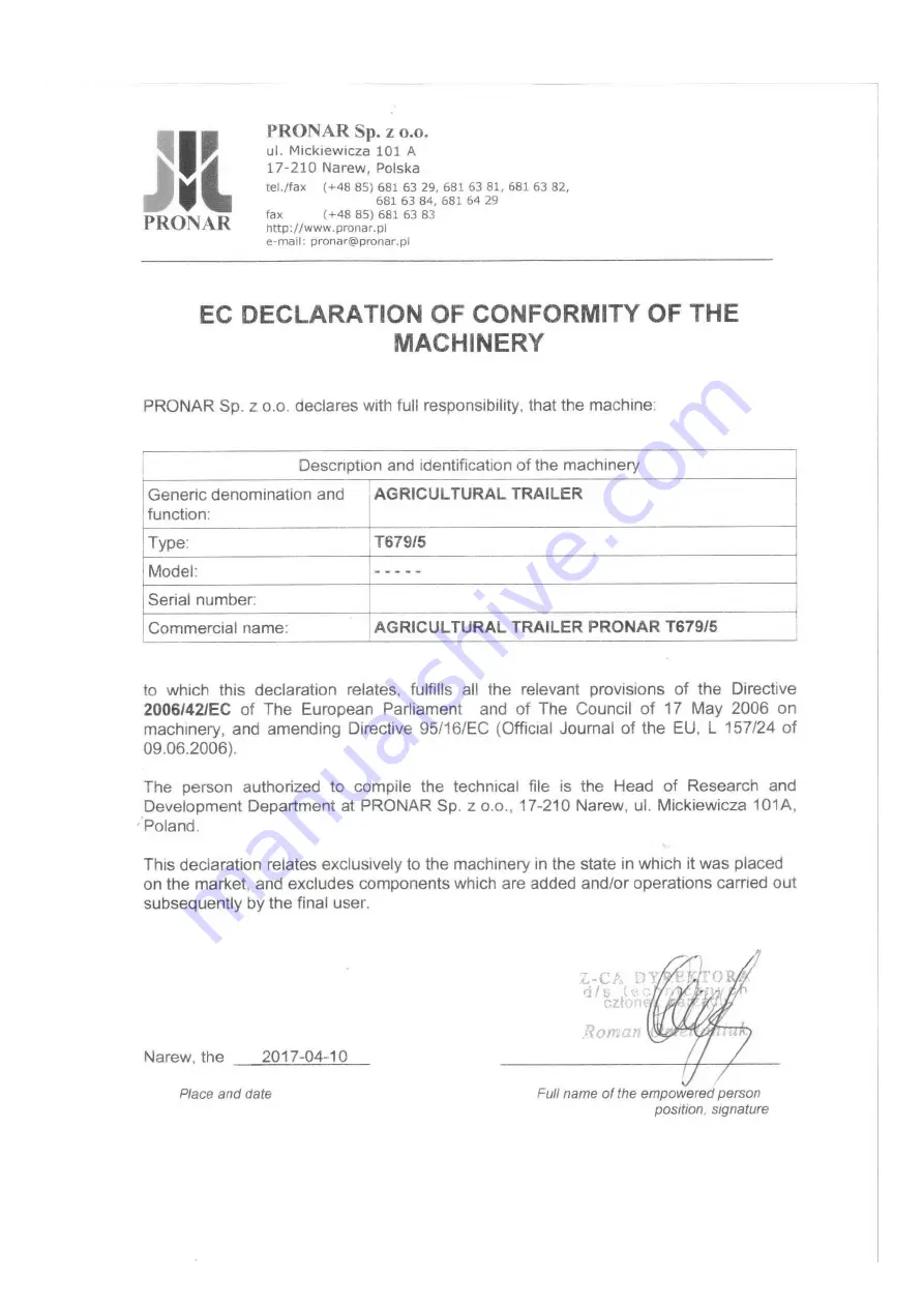 PRONAR T679/5 Operator'S Manual Download Page 6