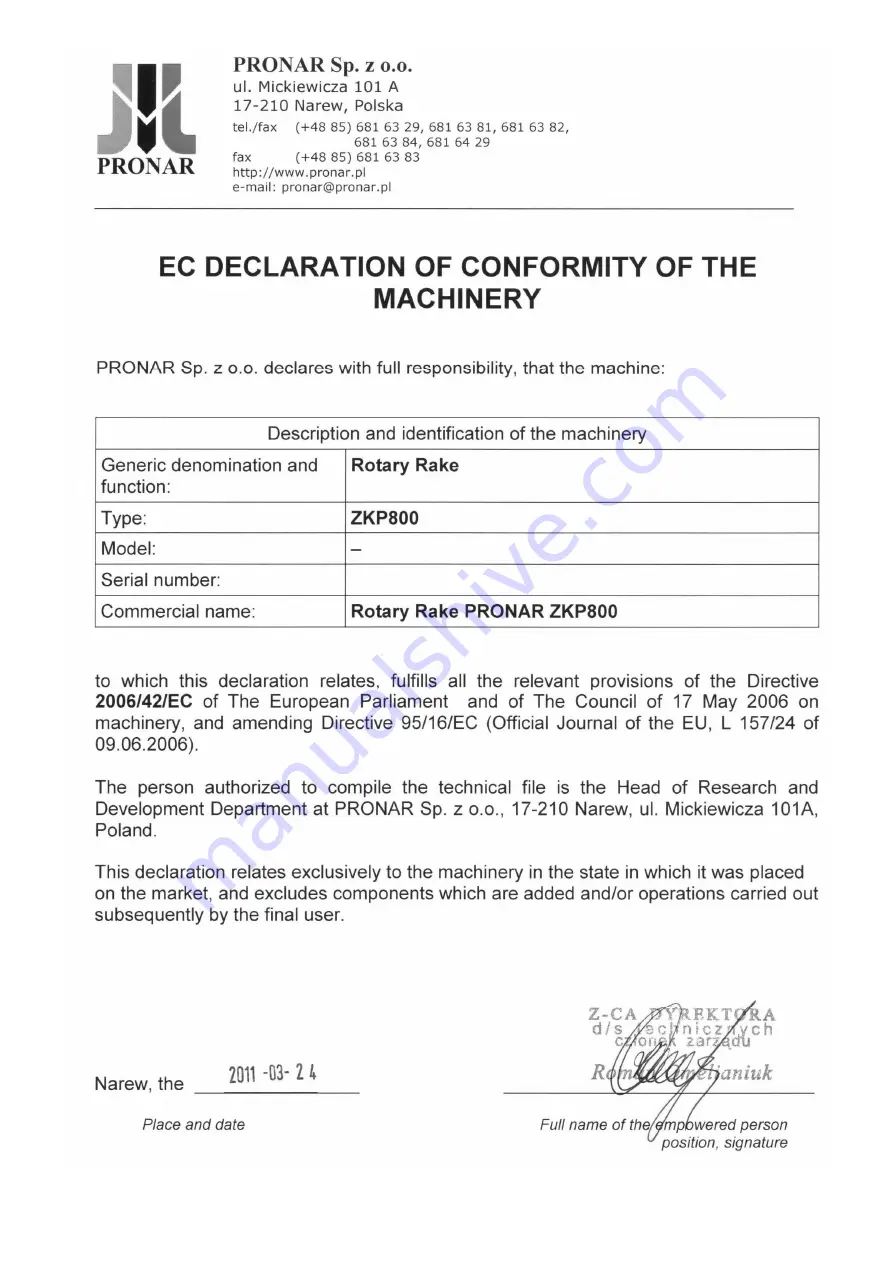 PRONAR ZKP800 Operator'S Manual Download Page 7