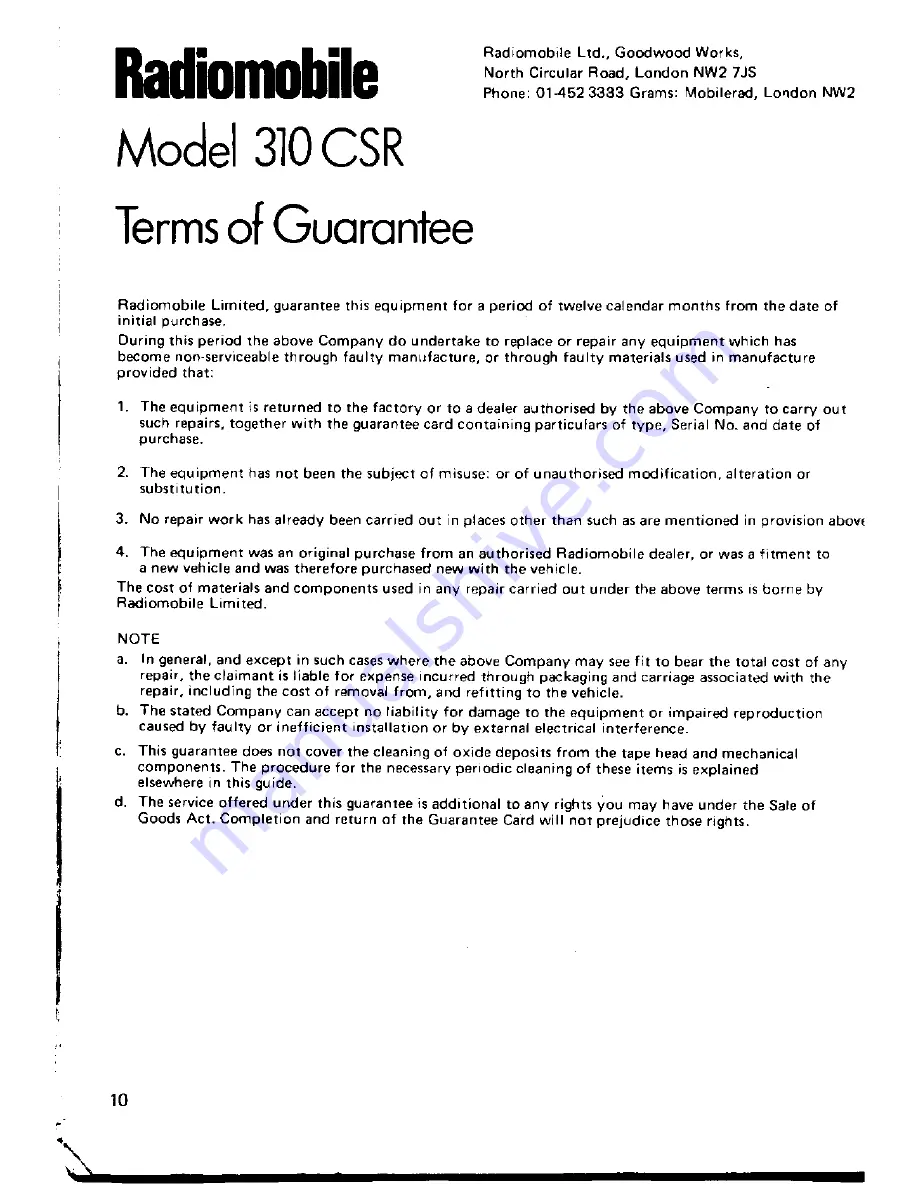 Radiomobile 310 CSR Owner'S Manual Download Page 10