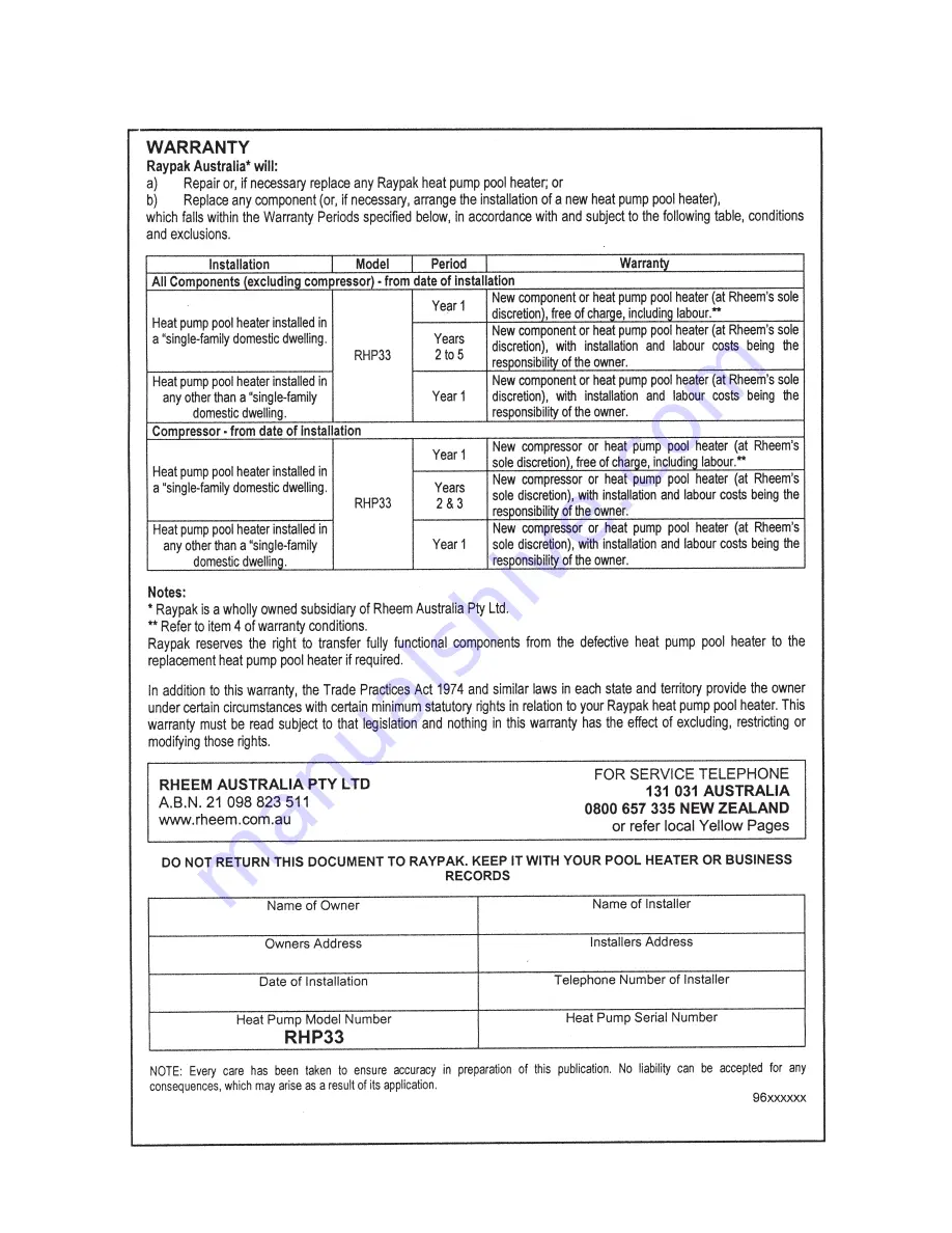 Raypak RHP 33 Owners And Installation Manual Download Page 19