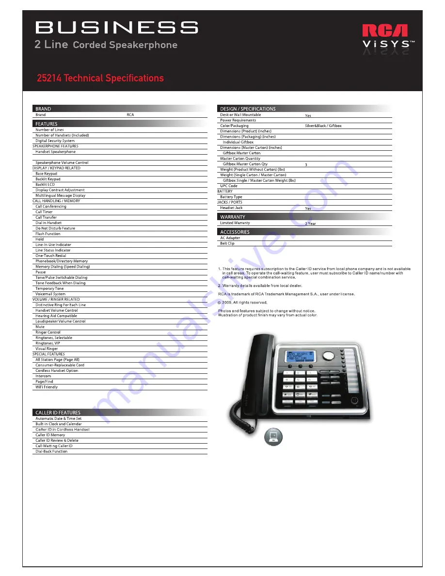 RCA 25214 Specifications Download Page 2