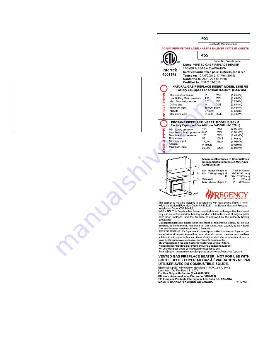 Regency E18E-LP Owners & Installation Manual Download Page 5