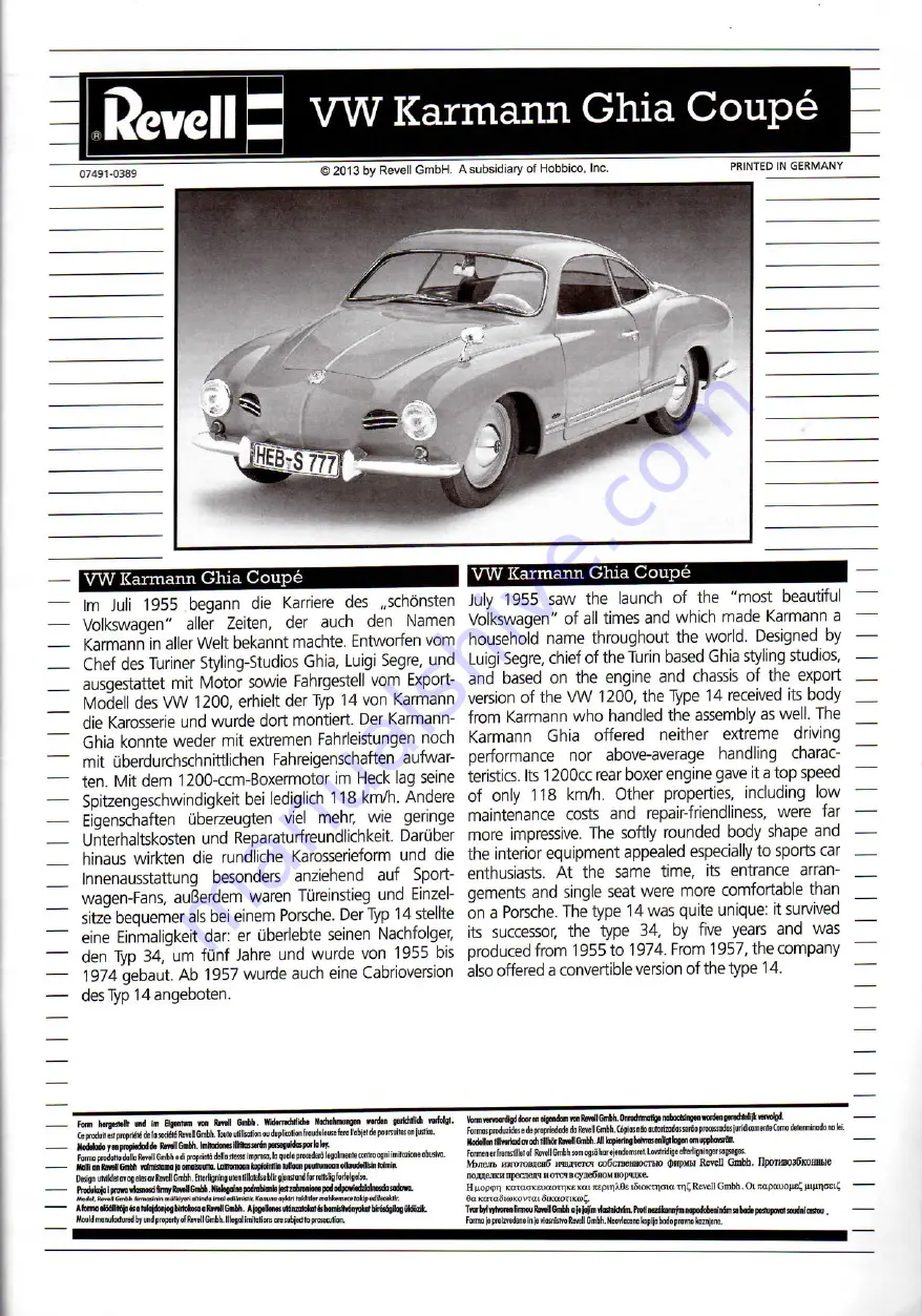 REVELL VW Karmann Ghia Coupe Manual Download Page 1