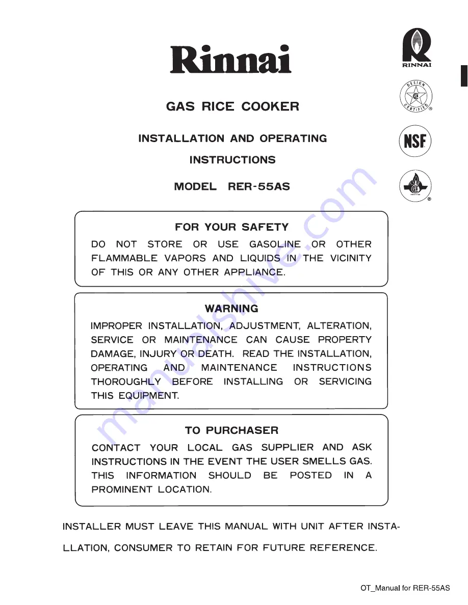 Rinnai RER-55AS Installation And Operating Instructions Manual Download Page 1