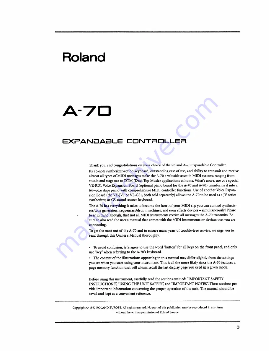 Roland A-70 Owner'S Manual Download Page 3