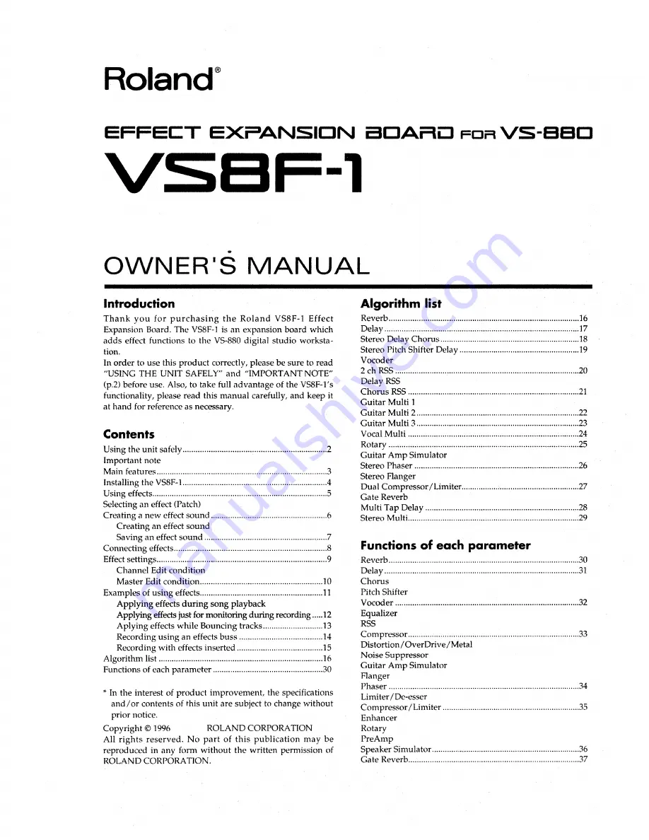 Roland VS8F-1 Owner'S Manual Download Page 1