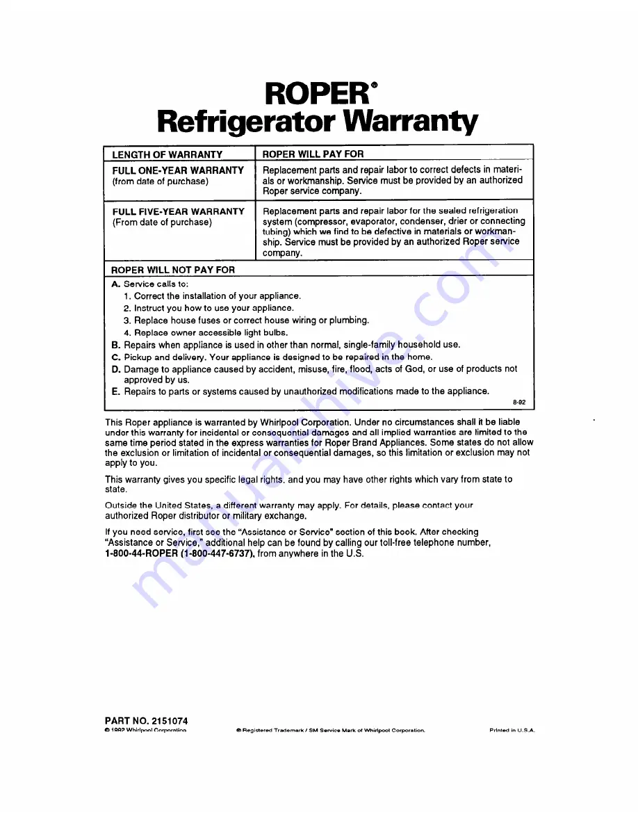 Roper RT12DK Use And Care Manual Download Page 20