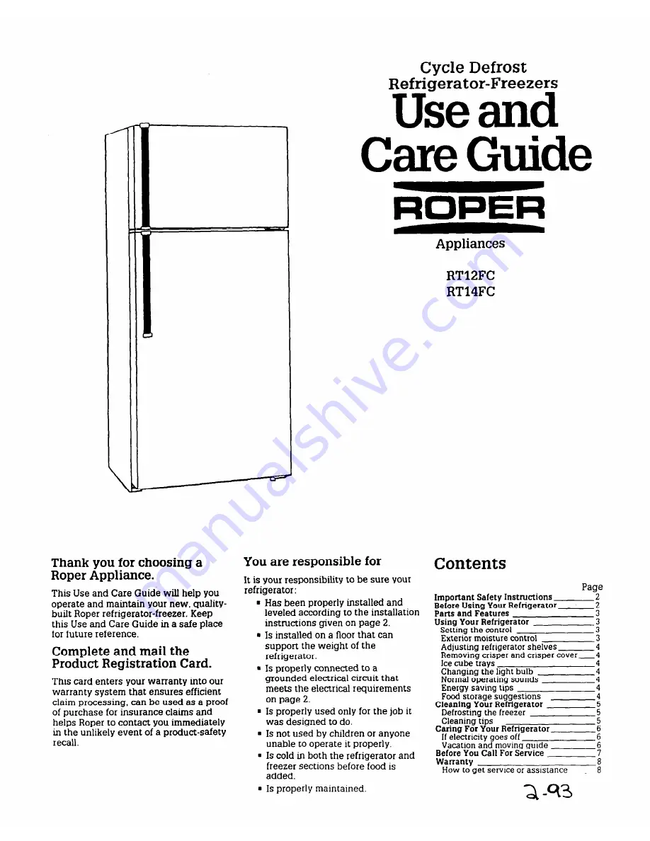 Roper RT12FC Use And Care Manual Download Page 1