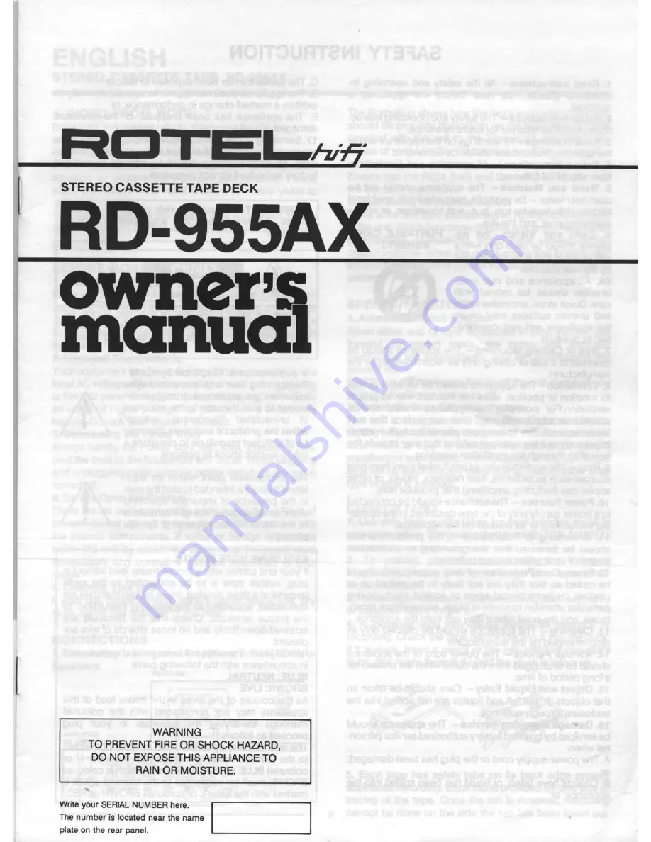 Rotel RD-955AX Owner'S Manual Download Page 1