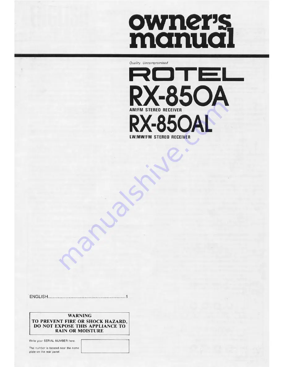 Rotel RX-850A Owner'S Manual Download Page 1