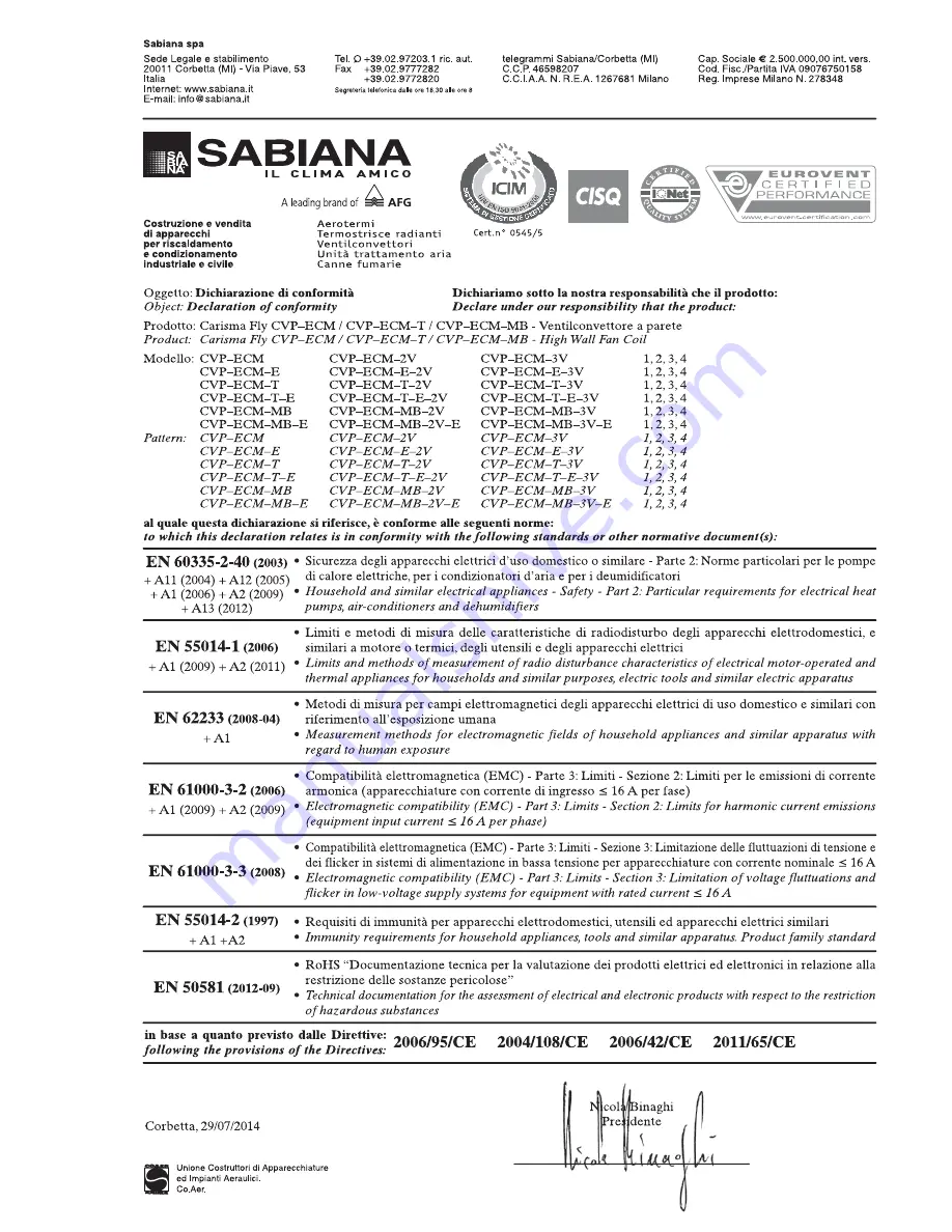 Sabiana Carisma Fly CVP-ECM Скачать руководство пользователя страница 71