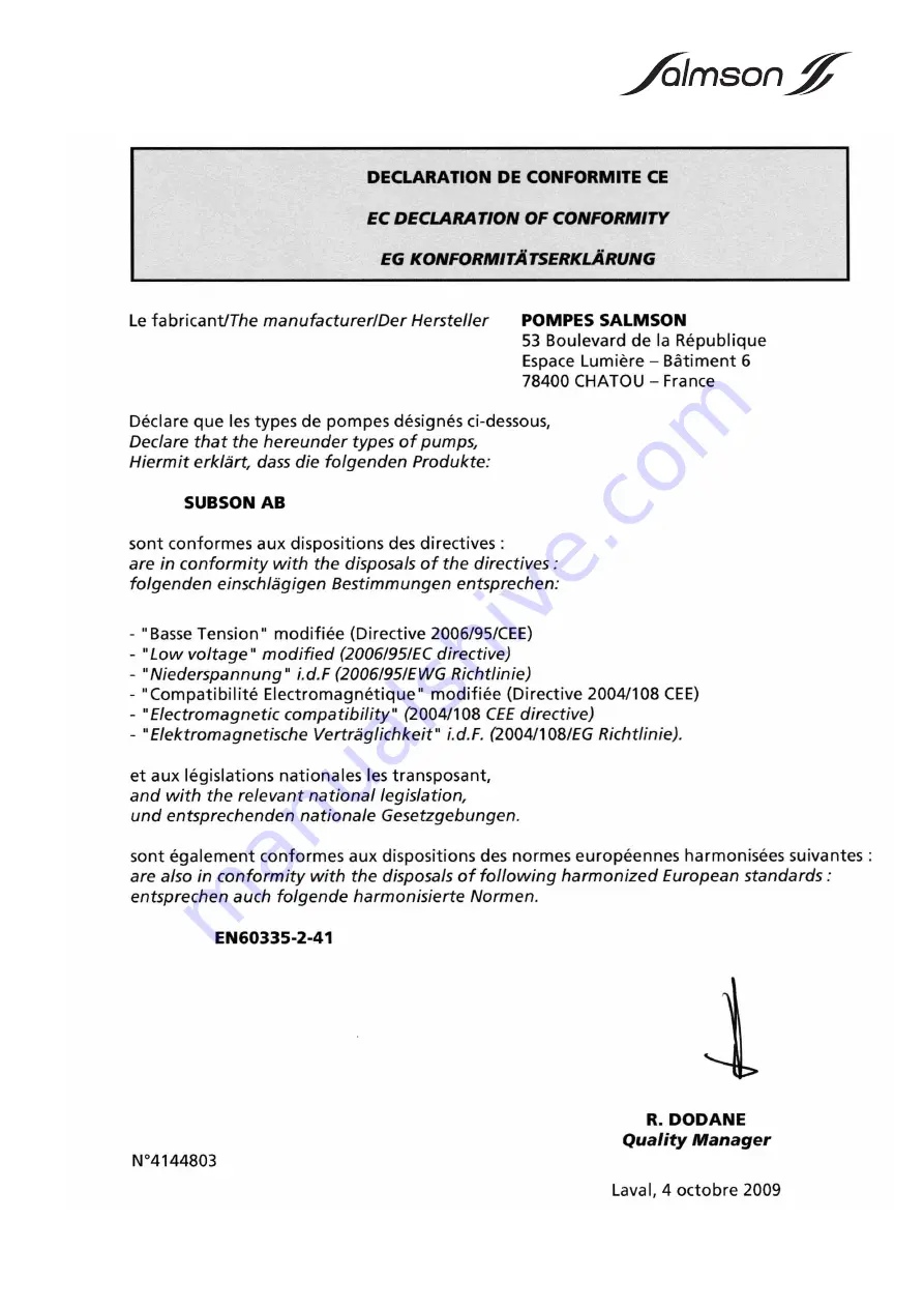 salmson SUBSON 10 Installation And Starting Instructions Download Page 4