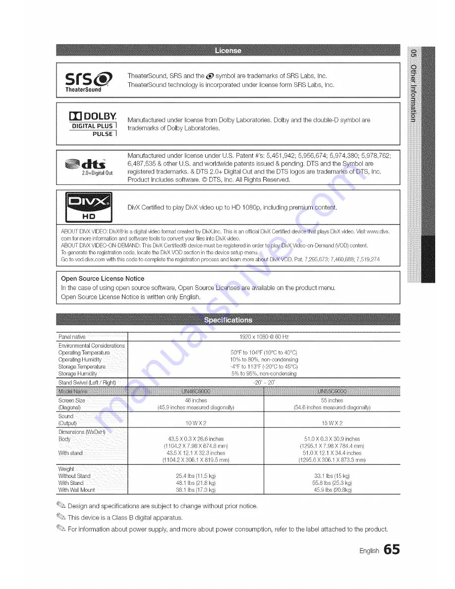 Samsung UN46C9000 Series User Manual Download Page 65