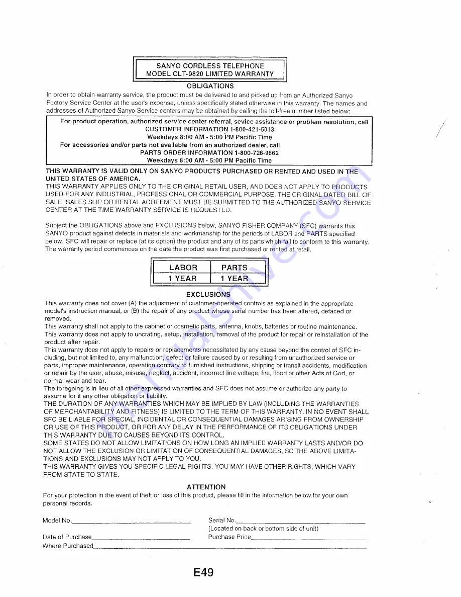 Sanyo CLT-9820 Instruction Manual Download Page 50