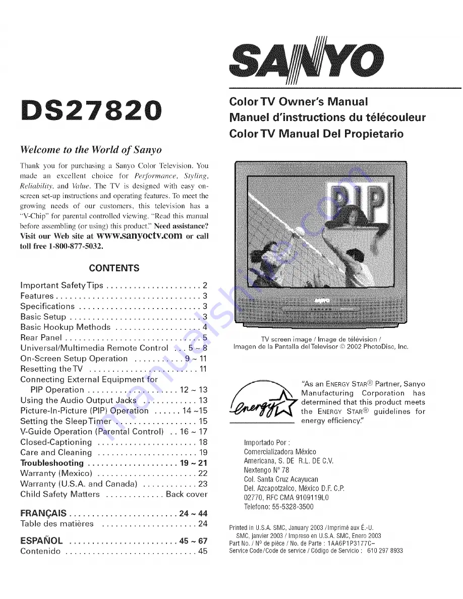 Sanyo DS27820 Owner'S Manual Download Page 1