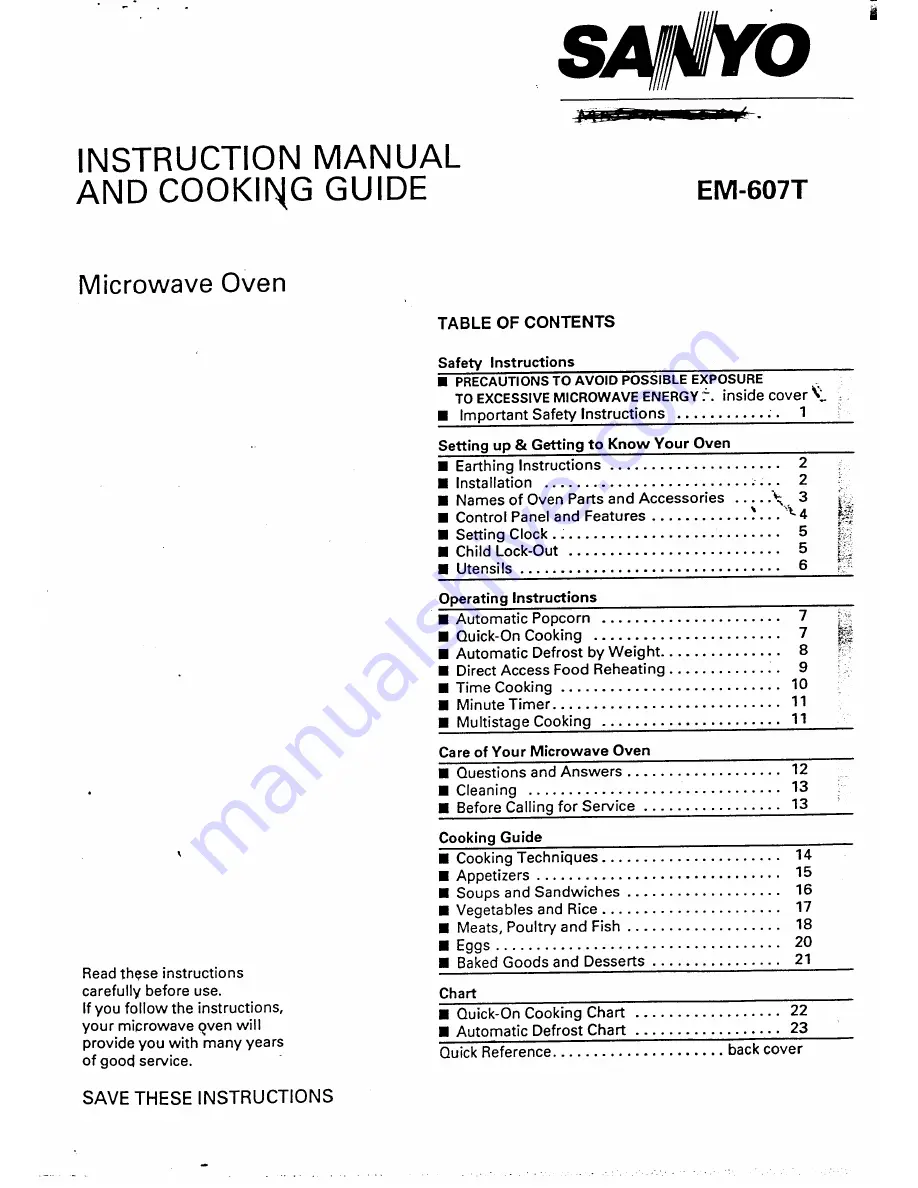 Sanyo EM-607T Instruction Manual And Cooking Manual Download Page 1