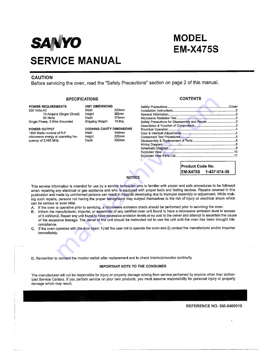 Sanyo EM-X475S Service Manual Download Page 1