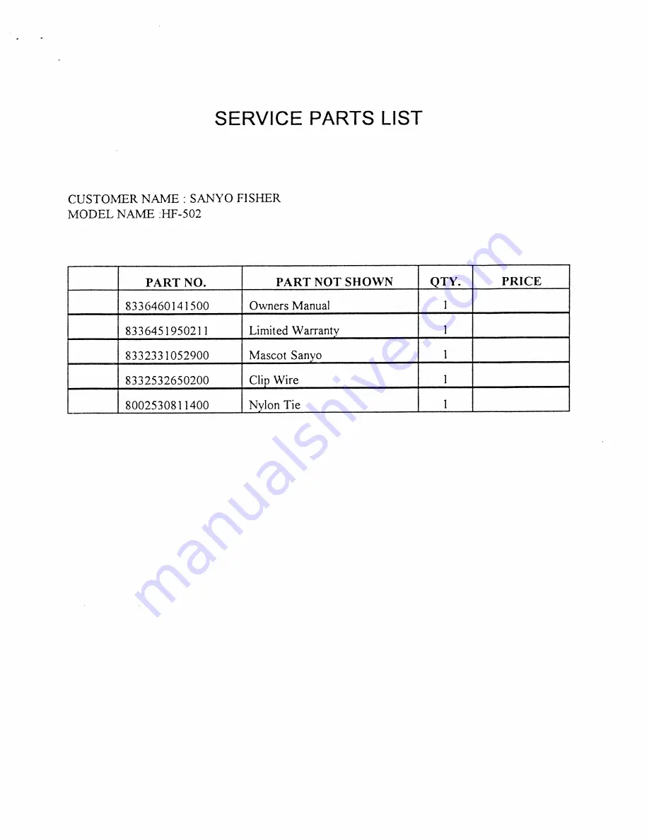 Sanyo HF-502 Service Parts List Download Page 3