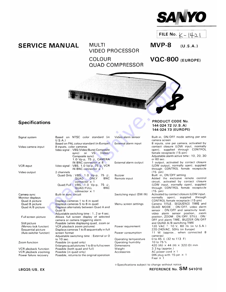 Sanyo MVP-8 Service Manual Download Page 1