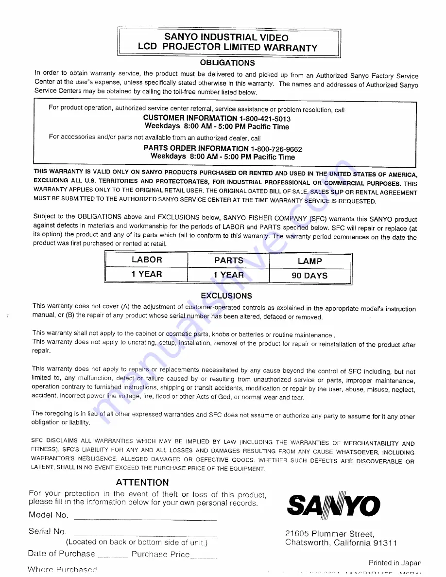 Sanyo PLC-8810N Owner'S Manual Download Page 5