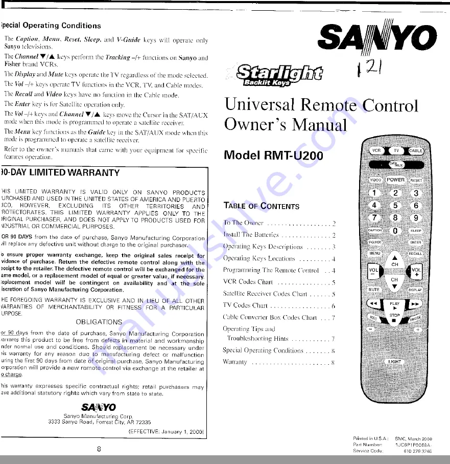 Sanyo RMT-U200 Скачать руководство пользователя страница 2