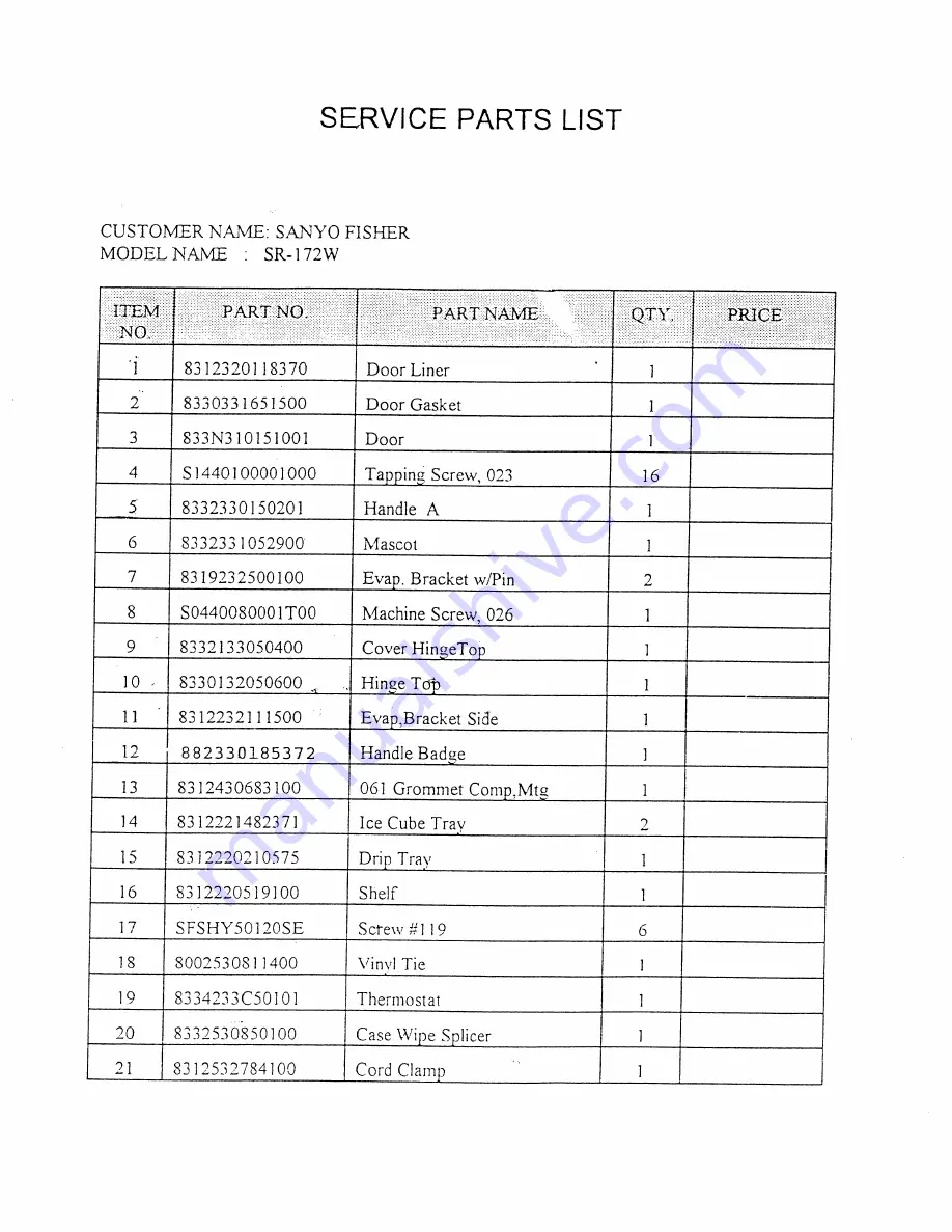 Sanyo SR-172W Service Parts List Download Page 1