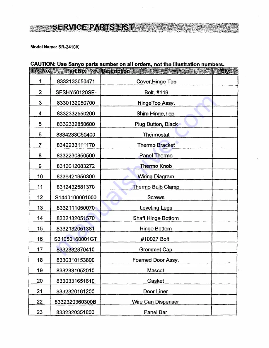 Sanyo SR-2410K Service Parts List Download Page 1